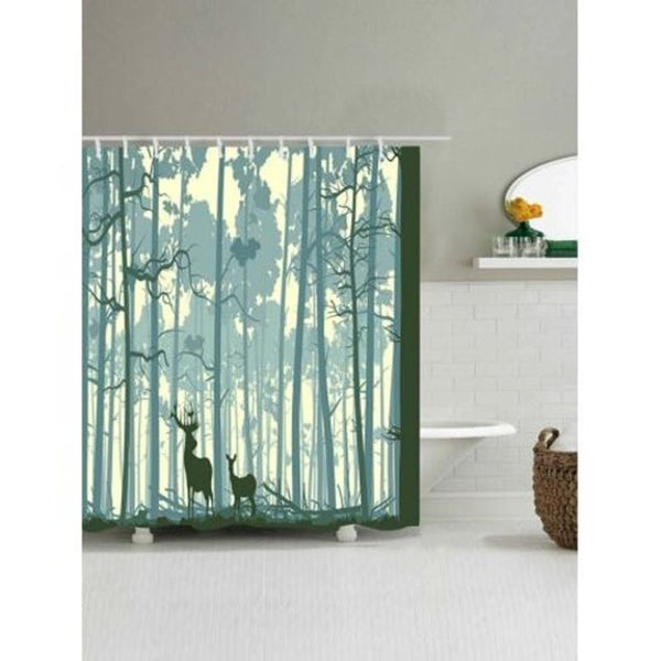Forest Two Deer Print Waterproof Polyester Bath Curtain W65 Inch L71