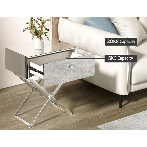 Artiss Mirrored Bedside Table Drawers Side Storage Nightstand Silver Moco