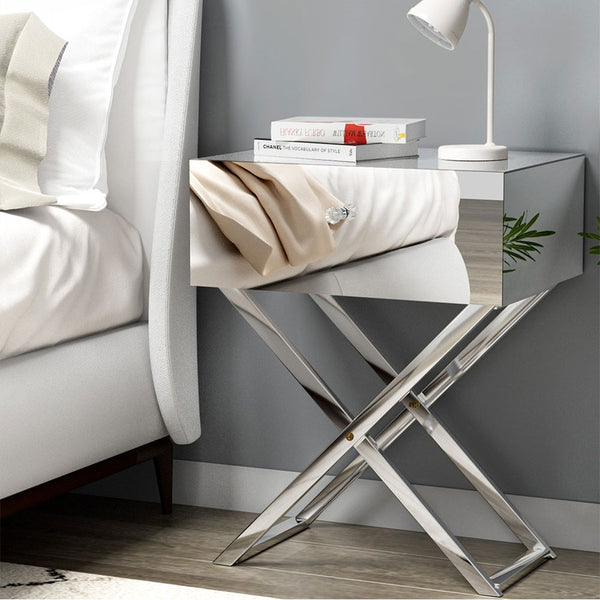 Artiss Mirrored Bedside Table Drawers Side Storage Nightstand Silver Moco