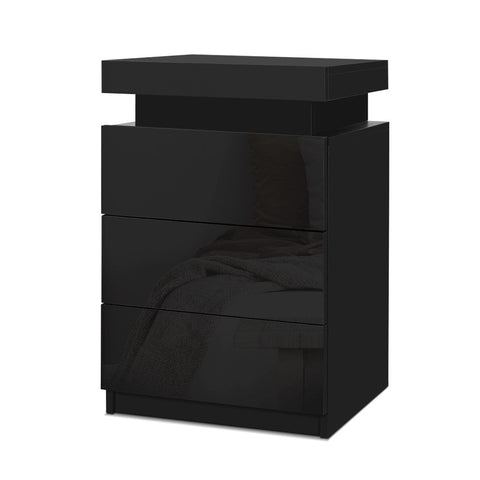 Artiss Bedside Tables Side 3 Drawers Rgb Led High Gloss Nightstand Black