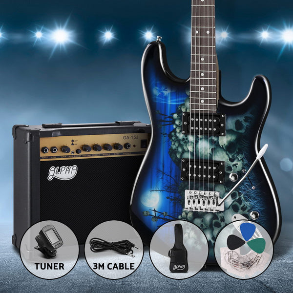 Alpha Electric Guitar And Amp Music String Instrument Rock Blue Carry Bag Steel