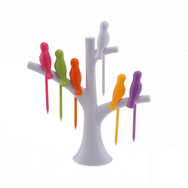 Tree And Bird Shaped Toothpick Fruit Fork Kitchen Table Decoration Accessories Party Tableware (White)