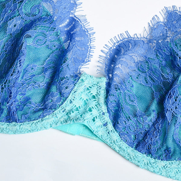 Mermaid Mesh Ruffles Lace Colourful Cute Lingerie Set Women Bra Garter Panties