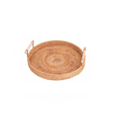 Hand Woven Round Rattan Tray Wooden Handle Fruit Snacks Storage Basket Organizer