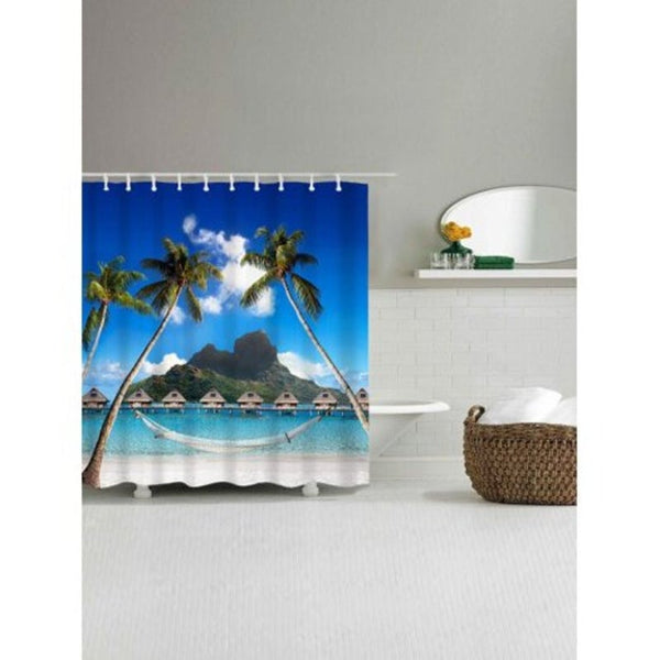 150X180cm Hawaii Beach Trees Bridge Print Bath Shower Curtain Blue