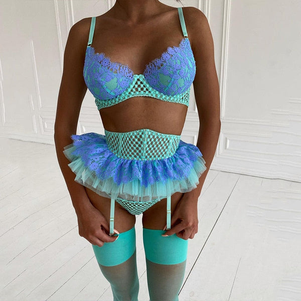 Mermaid Mesh Ruffles Lace Colourful Cute Lingerie Set Women Bra Garter Panties