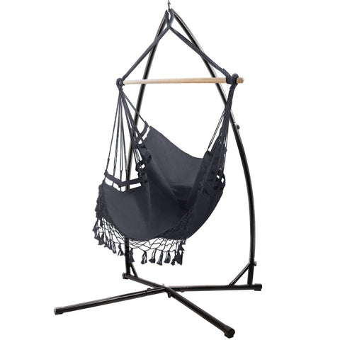 Gardeon Outdoor Hammock Chair With Steel Stand Tassel Hanging Rope Grey