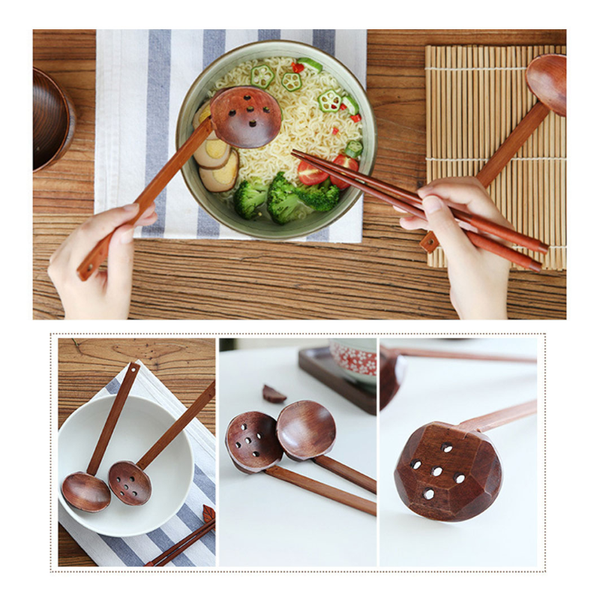 Kitchen Cooking Durable Spoon Wooden Japanese Style Long Handle Pot Colander Tableware Ramen Filter Soup Ladle