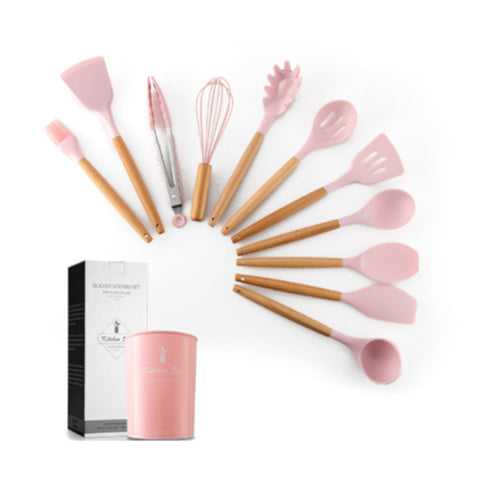 1Kitchen Silicone Spatula Utensil Set Cooking Utensils Spatulas Heat Resistant Wooden Spoons Pink