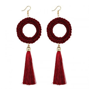 Knitting Wool Circle Fringed Drop Earrings Red