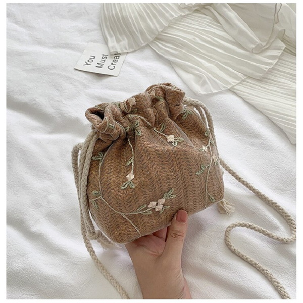 Female Handbag Casual Embroidery Lace Flower Shoulder Straw Drawstring Crossbody Bag