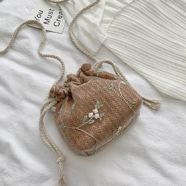 Female Handbag Casual Embroidery Lace Flower Shoulder Straw Drawstring Crossbody Bag