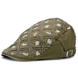 Letters Pattern Artificial Abrasion Plaid Flat Hat Olive Green