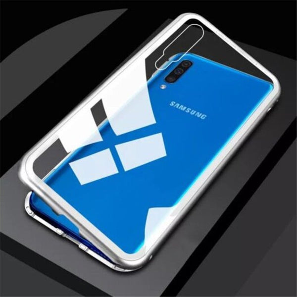Magnetic Adsorption Metal Tempered Glass Protective Case For Samsung Galaxy A50 Silver