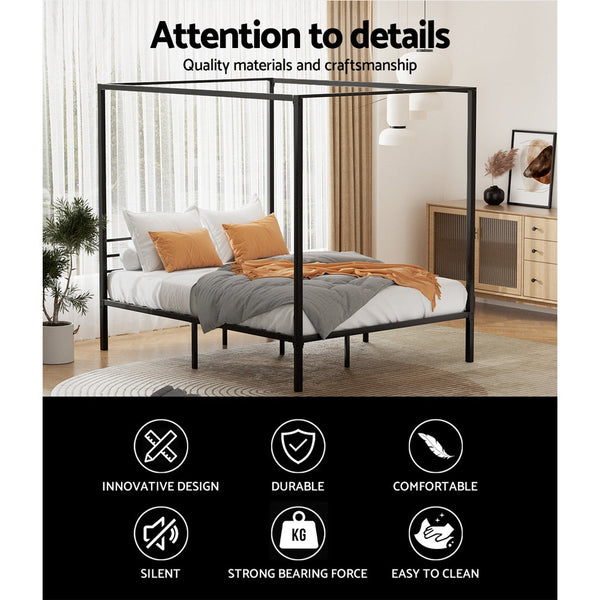 Artiss Bed Frame Metal Four-Poster Platform Base Queen Size Black Pochy