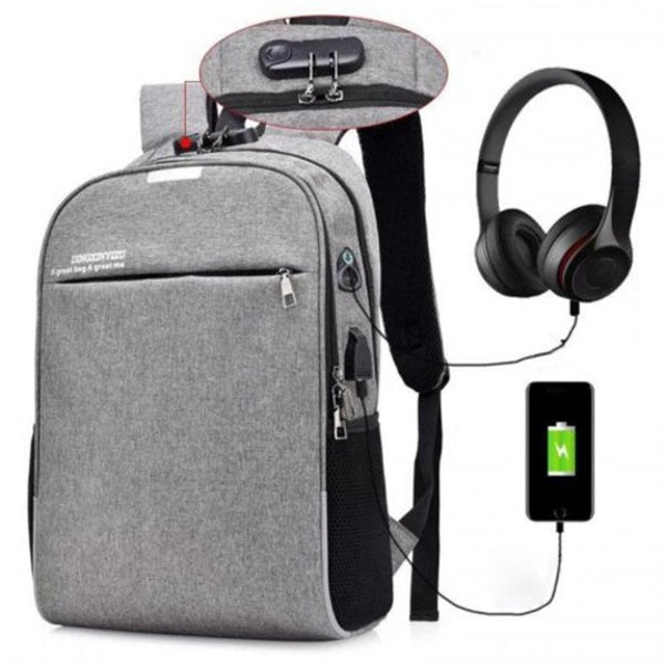 Men Korean Concise Stylish Backpack Large Capacity Multi Functional Usb Charging Travel Bag Anti Theft Password Locks Gray