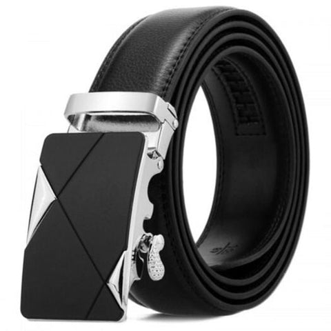 Men's Double Sided Genuine Leather Belt Automatic Buckle Business Alloy Waistband Black
