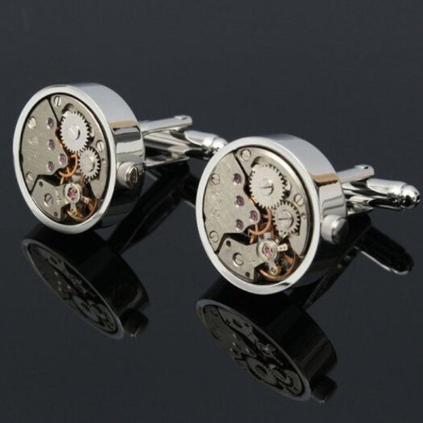 Men's Fashion Mechanical Watch Movement Cufflinks Silver