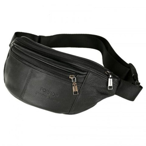 Men's High End Sports Waist Bag First Layer Cowhide Leather Pocket Pack Black
