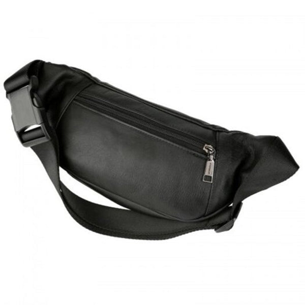 Men's High End Sports Waist Bag First Layer Cowhide Leather Pocket Pack Black