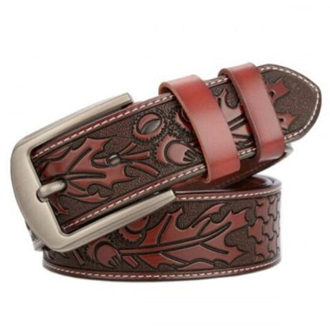 Men's Leaves Carved High End Genuine Leather Belt Fashion Personality Jeans Waistband Brown 115Cm