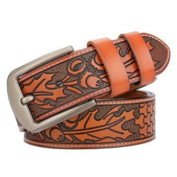 Men's Leaves Carved High End Genuine Leather Belt Fashion Personality Jeans Waistband Brown 115Cm