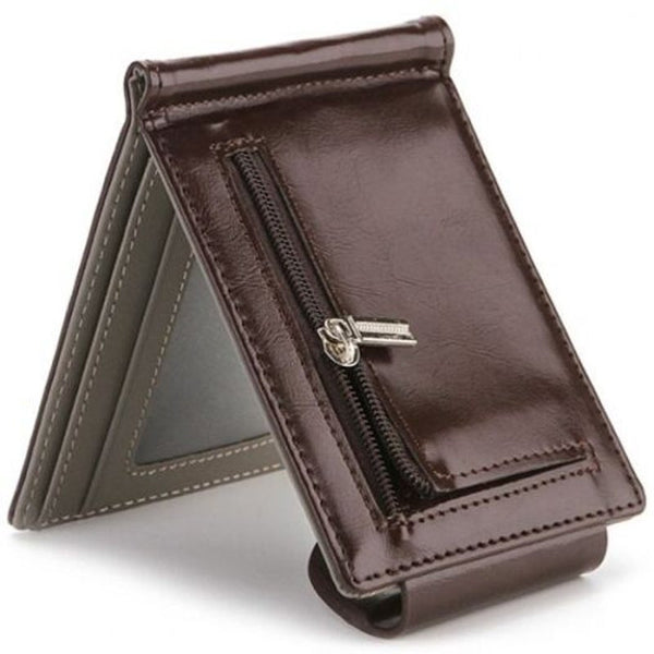 Men's Simple Solid Color Wallet Cash Card Bag Flip Buckle Money Clip Coffee