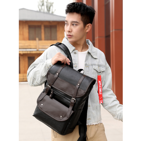 Men's Korean Retro Backpack Pu Leather Laptop Travel Bag