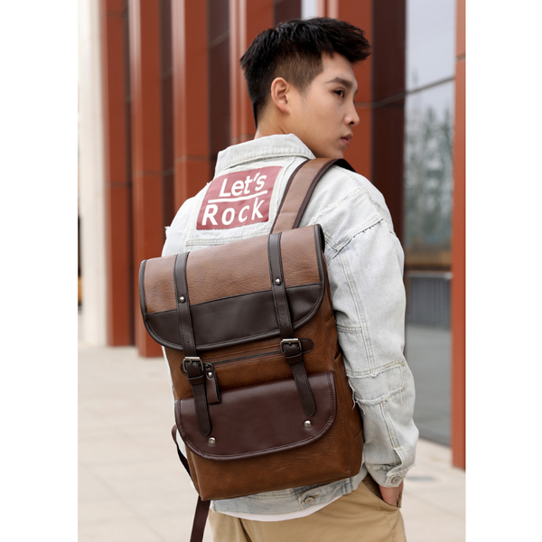 Men's Korean Retro Backpack Pu Leather Laptop Travel Bag