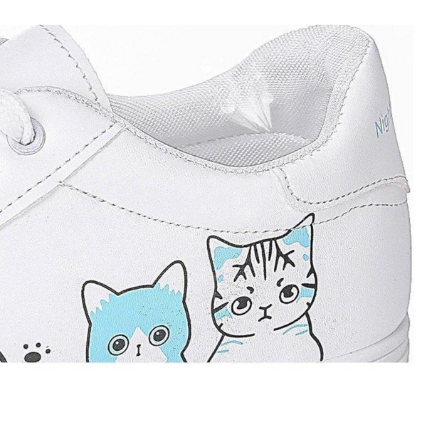 Meow Runners Women Sneakers Printed Cute Cat Canvas White Tennis Shoe