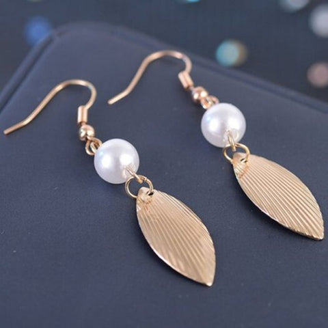 Metal Engraved Leaf Faux Pearl Hook Earrings Golden