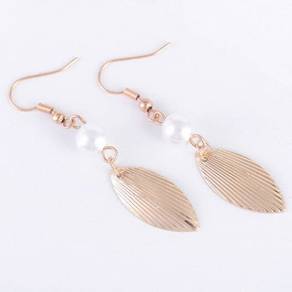 Metal Engraved Leaf Faux Pearl Hook Earrings Golden