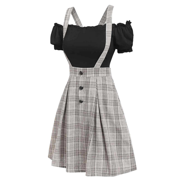 Mid-Waist Check Overall Dress Pure Color Cotton T-Shirt