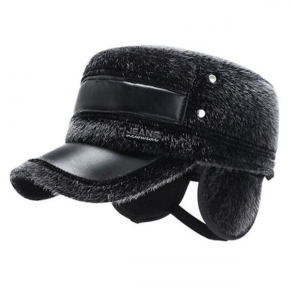 Middle Aged Winter Thick Warm Men Earmuff Hat Casual Mink Like Peaked Cap Black