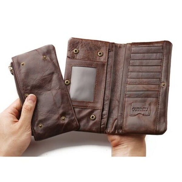 Multifunctional Zipper Mobile Phone Change Bag Leather Long Men's Wallet Deep Coffee 1Pc