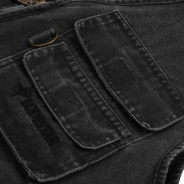 Outdoor Sleeveless Zipper Fishing Jacket Multi Pockets Denim Vest Black