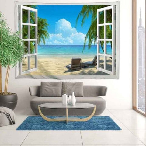 Outside Window Beach Landscape Digital Printed Tapestry Multi A W59 X L51 Inch