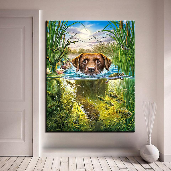 Paint By Numbers Diy Craft Kit Swimming Dog Canvas Wall Art