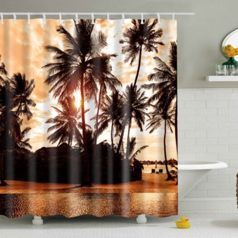 Palm Printed Polyester Waterproof Bath Shower Curtain Brown L