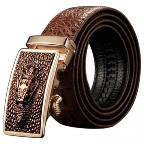 Personalized Dragon Head Pattern Men's Cowhide Leather Belt With Crocodile Automatic Buckle Camel Brown 120Cm