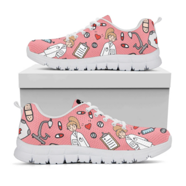Pink White Nurse Doctor Pattern Woman Flats Lace Up Shoe Sneakers Breahtable Shoes
