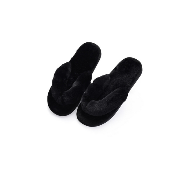 Plush Thong Slippers For Women Spa Soft Fleece Flip Flops Cozy Non Black