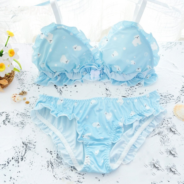 Polar Bear Cute Japanese Bra & Panties Set Wirefree Soft Underwear Sleep Intimates Kawaii Lolita Color Sky Blue