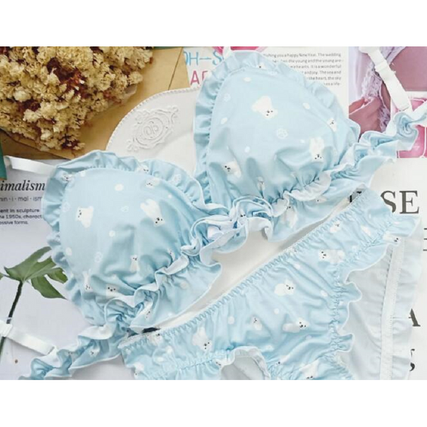 Polar Bear Cute Japanese Bra & Panties Set Wirefree Soft Underwear Sleep Intimates Kawaii Lolita Color Sky Blue