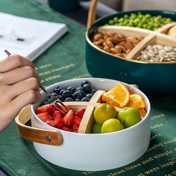 Ceramic And Wooden Snack Platter Storage Bowl Fruit Basket