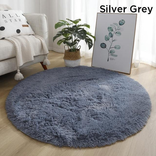 Grey Fluffy Faux Fur Round Rug Kids Room Plush Shaggy Rugs