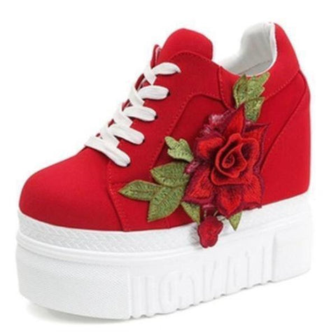 Red Rose Wedge Sneakers Embroidered Flower White Black High Heels