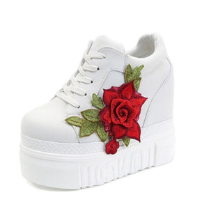 Red Rose Wedge Sneakers Embroidered Flower White Black High Heels