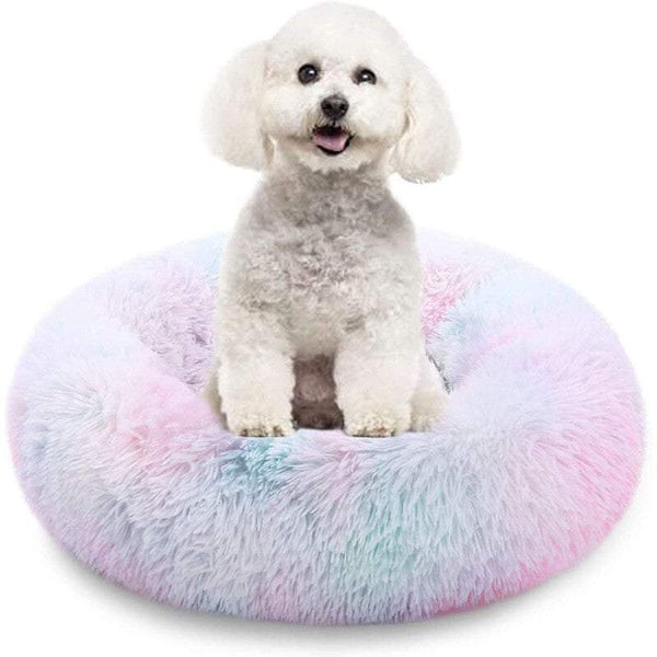 Pet Beds Warm Soft Nest Rainbow Donut Calming Comfy Dog