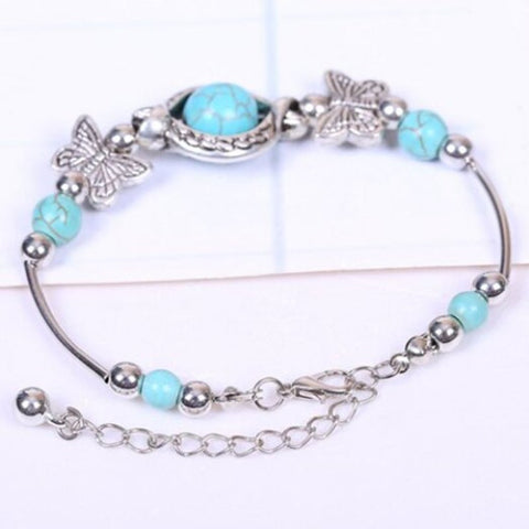 Retro Faux Turquoise Butterfly Bracelet Silver And Blue